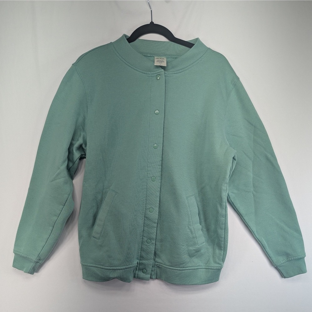 Blair Womens Medium Sage Green Snap Front Fleece Cardigan Bomber Sweatshirt